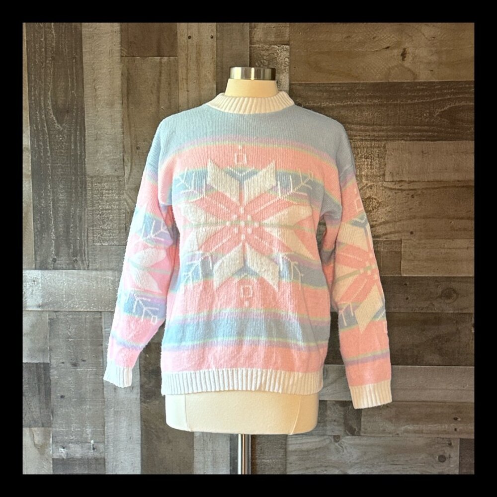 Vintage 80s Ugly Christmas Sweater medium petite pastel snowflakes holiday party